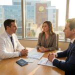 Patient discussing overseas surgery with a surgeon and insurance advisor at a table with passport, plane ticket, medical estimate, and insurance documents visible