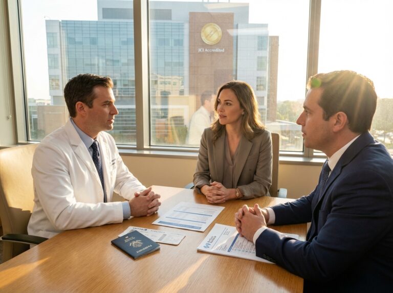 Patient discussing overseas surgery with a surgeon and insurance advisor at a table with passport, plane ticket, medical estimate, and insurance documents visible