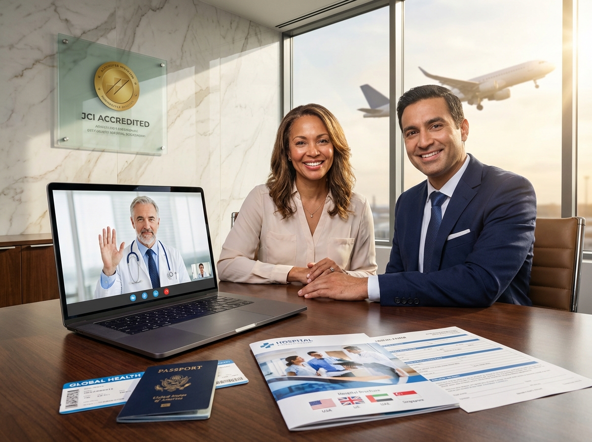 Patient with insurance agent and doctor video consult, passport and medical documents on table, hospital and airplane in background