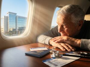 Patient's Medicare card and passport next to a stethoscope with an airplane and an international hospital visible through a window representing medical treatment abroad and travel insurance