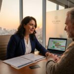 U.S. patient consulting a Mexican doctor in a modern private hospital with insurance documents and medical records on the table