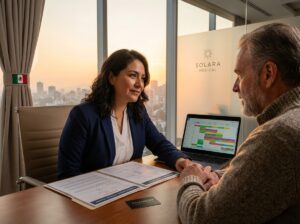 U.S. patient consulting a Mexican doctor in a modern private hospital with insurance documents and medical records on the table