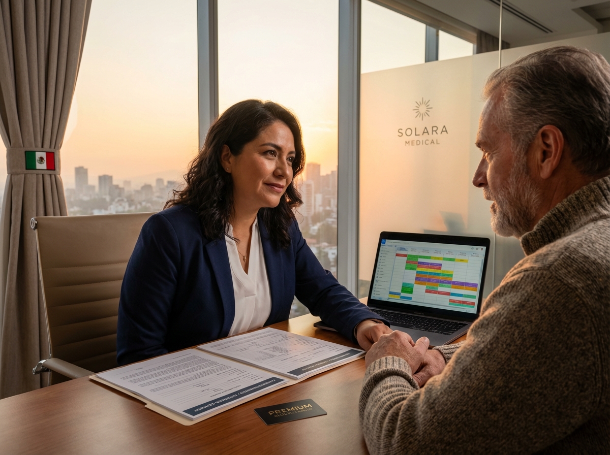 U.S. patient consulting a Mexican doctor in a modern private hospital with insurance documents and medical records on the table
