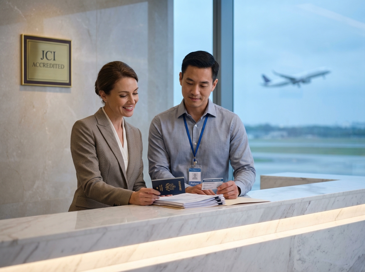Patient and medical coordinator at international hospital reception with passport, medical records, insurance card, and JCI accreditation plaque visible