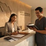 American patient signing medical forms at a modern Mexican hospital reception with bilingual signage and a medical professional nearby