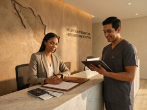 American patient signing medical forms at a modern Mexican hospital reception with bilingual signage and a medical professional nearby