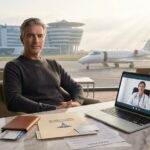 Patient at airport with passport, medical folder, insurance card and telemedicine consultation on laptop illustrating international medical travel and insurance choices
