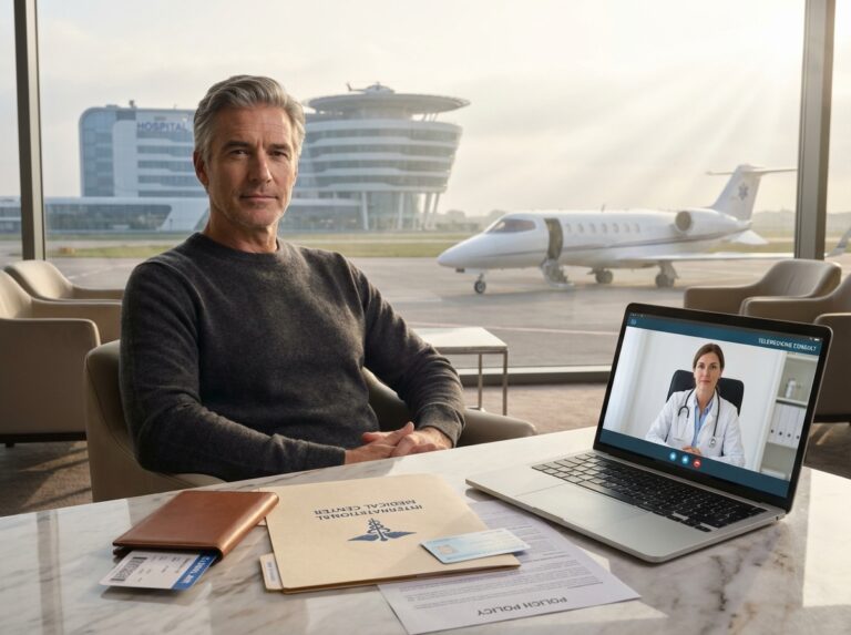 Patient at airport with passport, medical folder, insurance card and telemedicine consultation on laptop illustrating international medical travel and insurance choices
