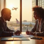 Patient reviewing travel and medical insurance documents with a medical professional and travel items in a US hospital and airplane backdrop
