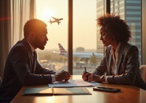 Patient reviewing travel and medical insurance documents with a medical professional and travel items in a US hospital and airplane backdrop