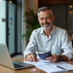 US patient reviewing passport, medical documents and an insurance policy while researching international hospital options for treatment abroad