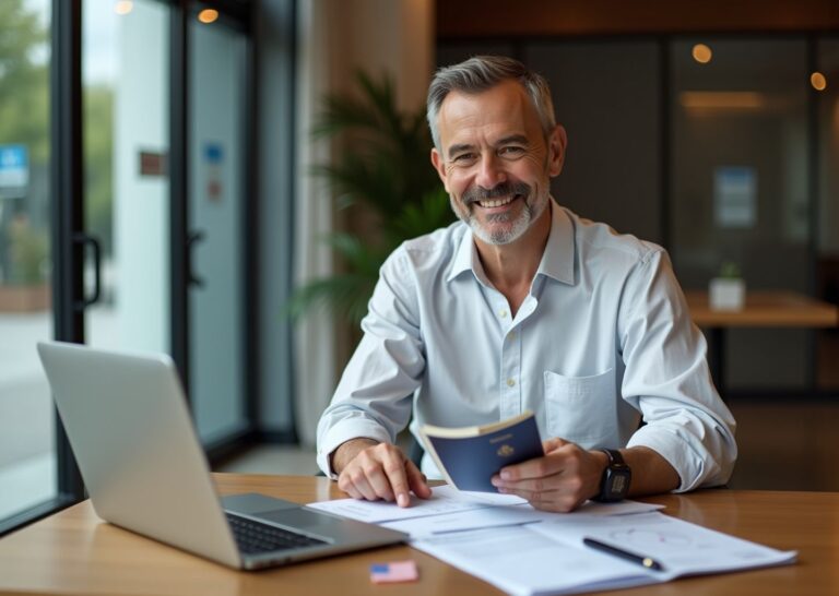 US patient reviewing passport, medical documents and an insurance policy while researching international hospital options for treatment abroad
