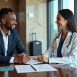 U.S. patients consulting with a doctor outside an accredited international hospital with travel documents and insurance cards on the table
