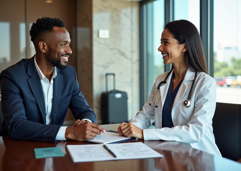 U.S. patients consulting with a doctor outside an accredited international hospital with travel documents and insurance cards on the table