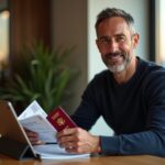 American patient reviewing medical travel insurance documents and passport with Turkish hospital visible on a tablet and Istanbul skyline in background
