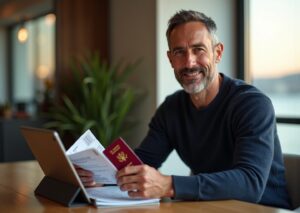 American patient reviewing medical travel insurance documents and passport with Turkish hospital visible on a tablet and Istanbul skyline in background