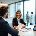 U.S. patient consulting with Turkish clinic staff reviewing insurance documents passports and treatment plans in a modern medical clinic