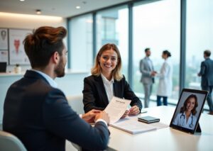 U.S. patient consulting with Turkish clinic staff reviewing insurance documents passports and treatment plans in a modern medical clinic