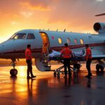 Air ambulance jet with medical crew loading patient on stretcher on tarmac with passport and medical records visible and map overlay showing international route