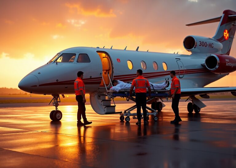 Air ambulance jet with medical crew loading patient on stretcher on tarmac with passport and medical records visible and map overlay showing international route