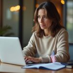 US patient reviewing insurance options on a laptop with passport and medical records in front of an international hospital