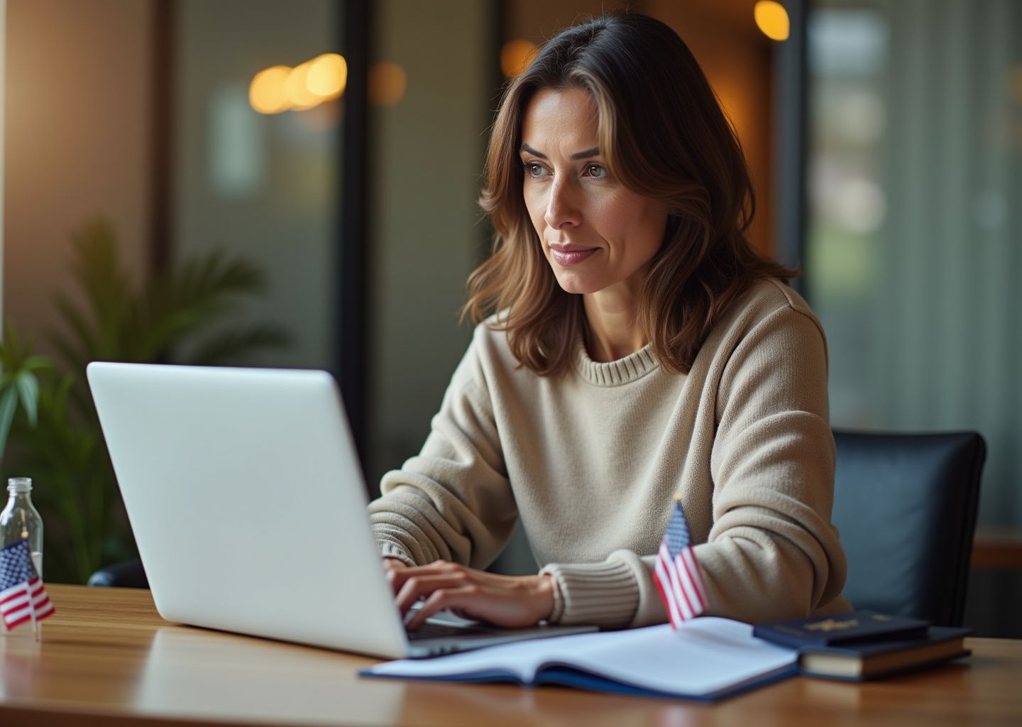 US patient reviewing insurance options on a laptop with passport and medical records in front of an international hospital