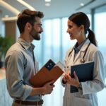 American patient at an international clinic holding travel documents and an insurance card while consulting with a foreign doctor; clinic lobby and a distant air ambulance imply medical evacuation readiness.