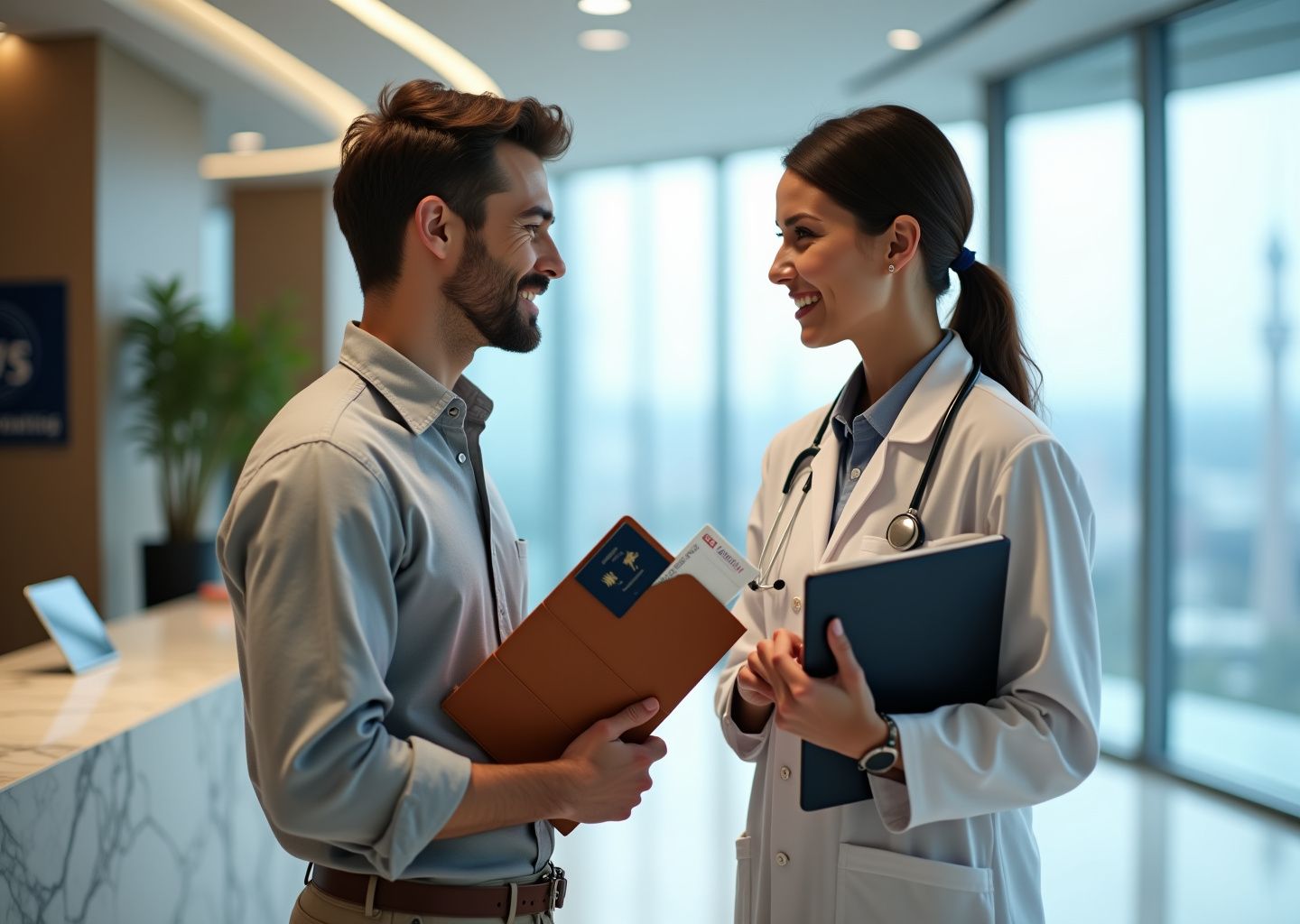 American patient at an international clinic holding travel documents and an insurance card while consulting with a foreign doctor; clinic lobby and a distant air ambulance imply medical evacuation readiness.