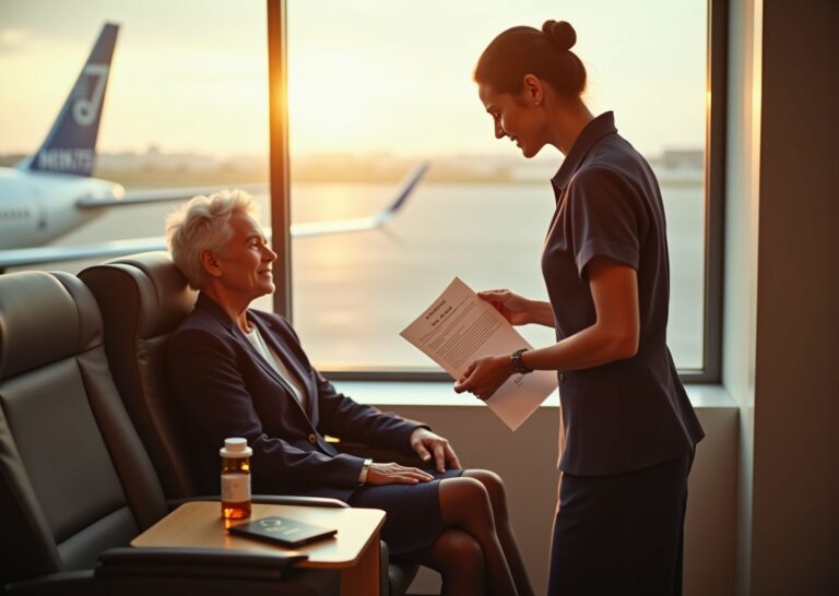 Patient with compression stockings at airport receiving a fit-to-fly letter and showing insurance documents, with an airplane visible outside the terminal window